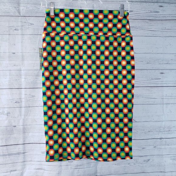 LuLaRoe Womens Cassie Pencil Skirt Sz XS Green Orange Geometric - Picture 2 of 3